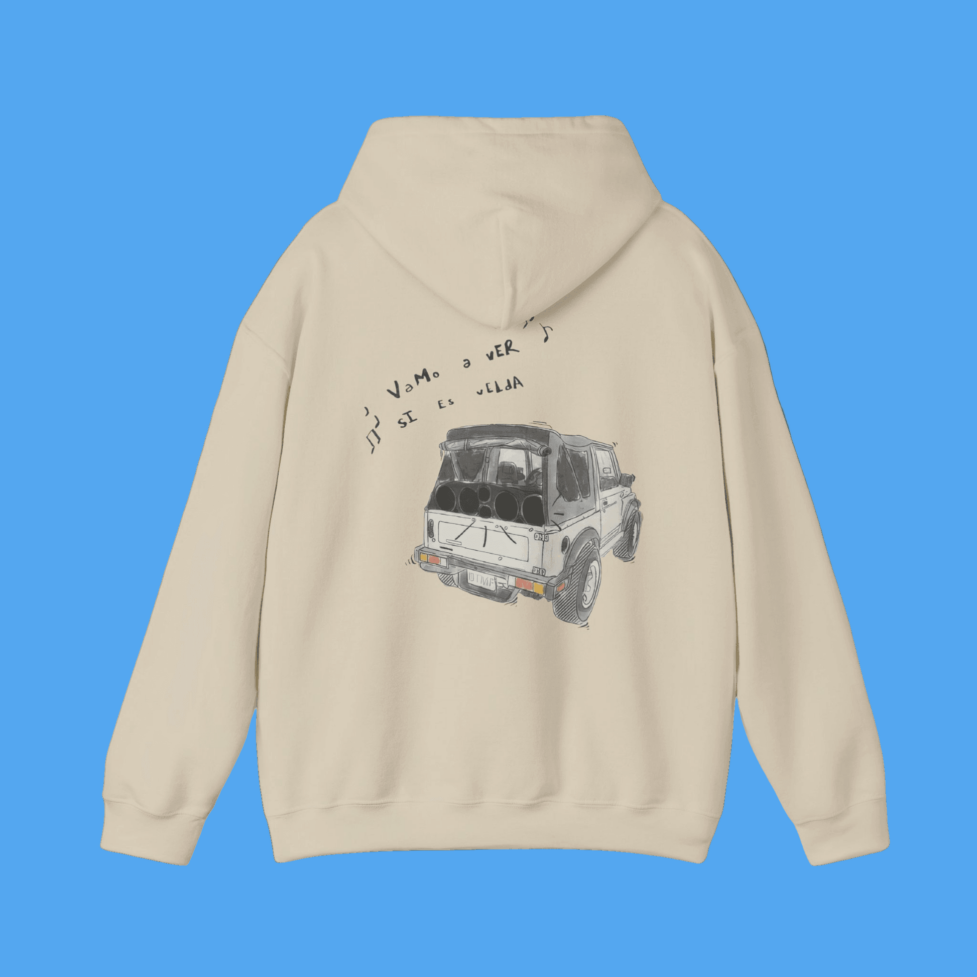 Beige hoodie with a graphic of a vintage car on the back against a dark blue background