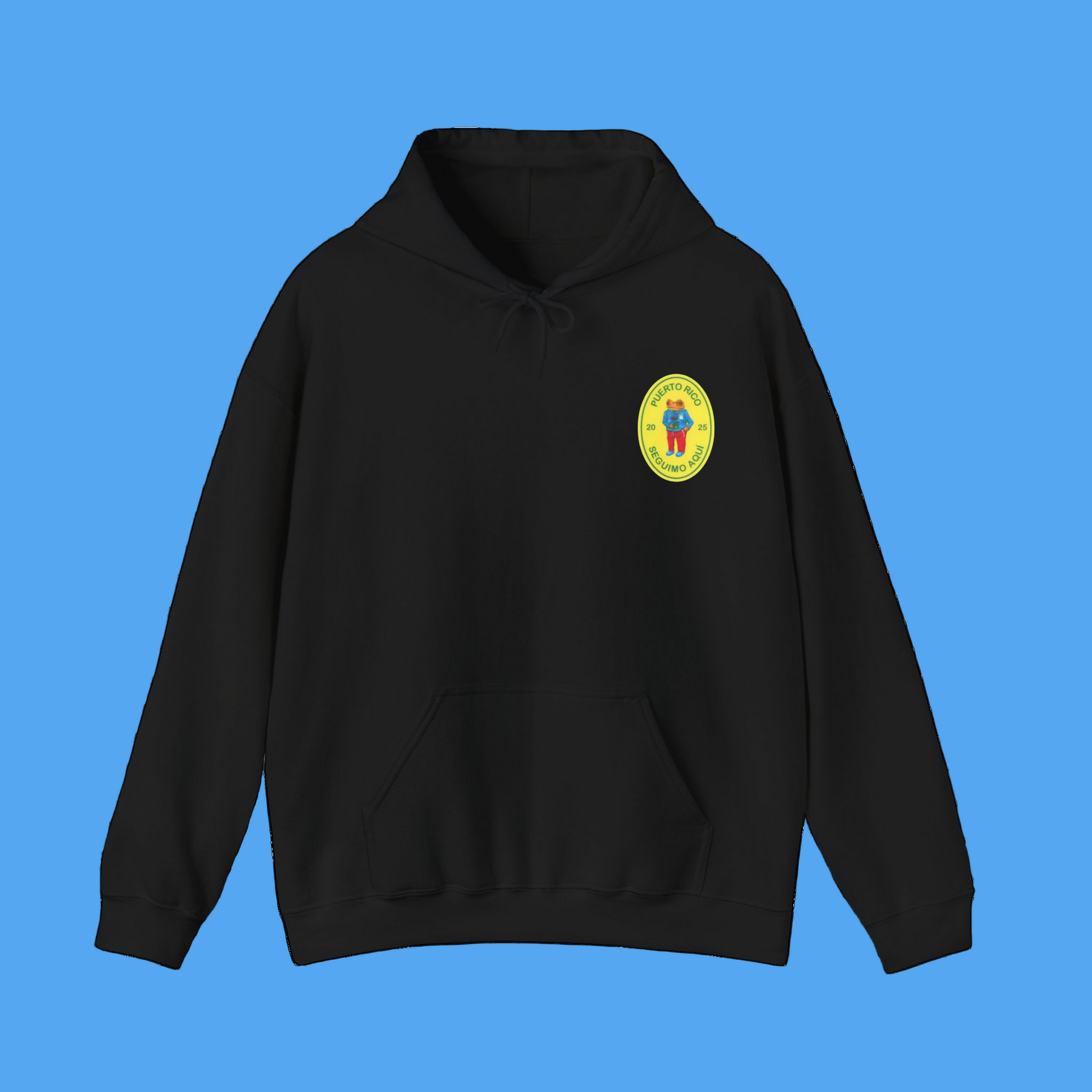 Black hoodie with a colorful logo on the chest against a white background