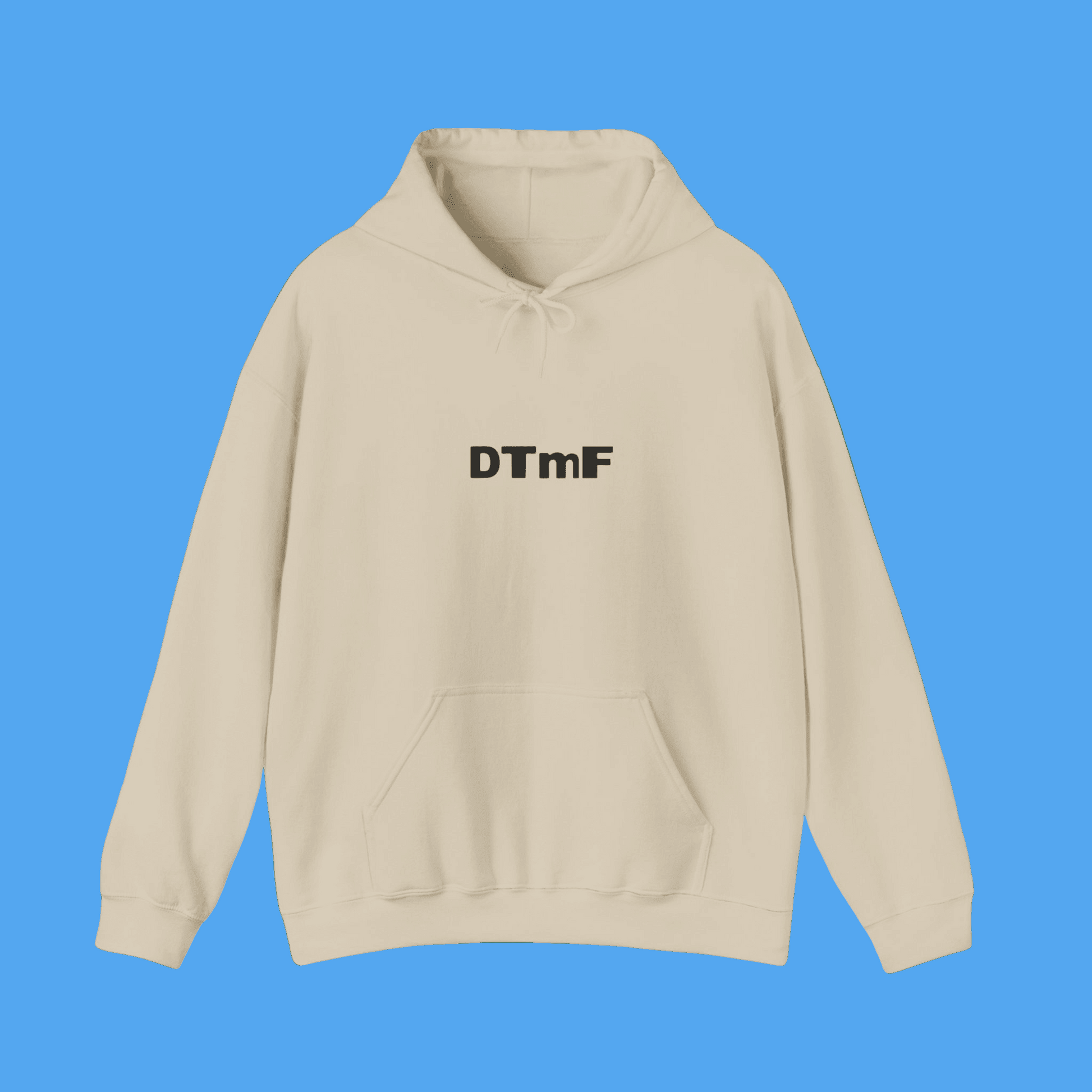 Beige hoodie with 'DTmF' text on a green background