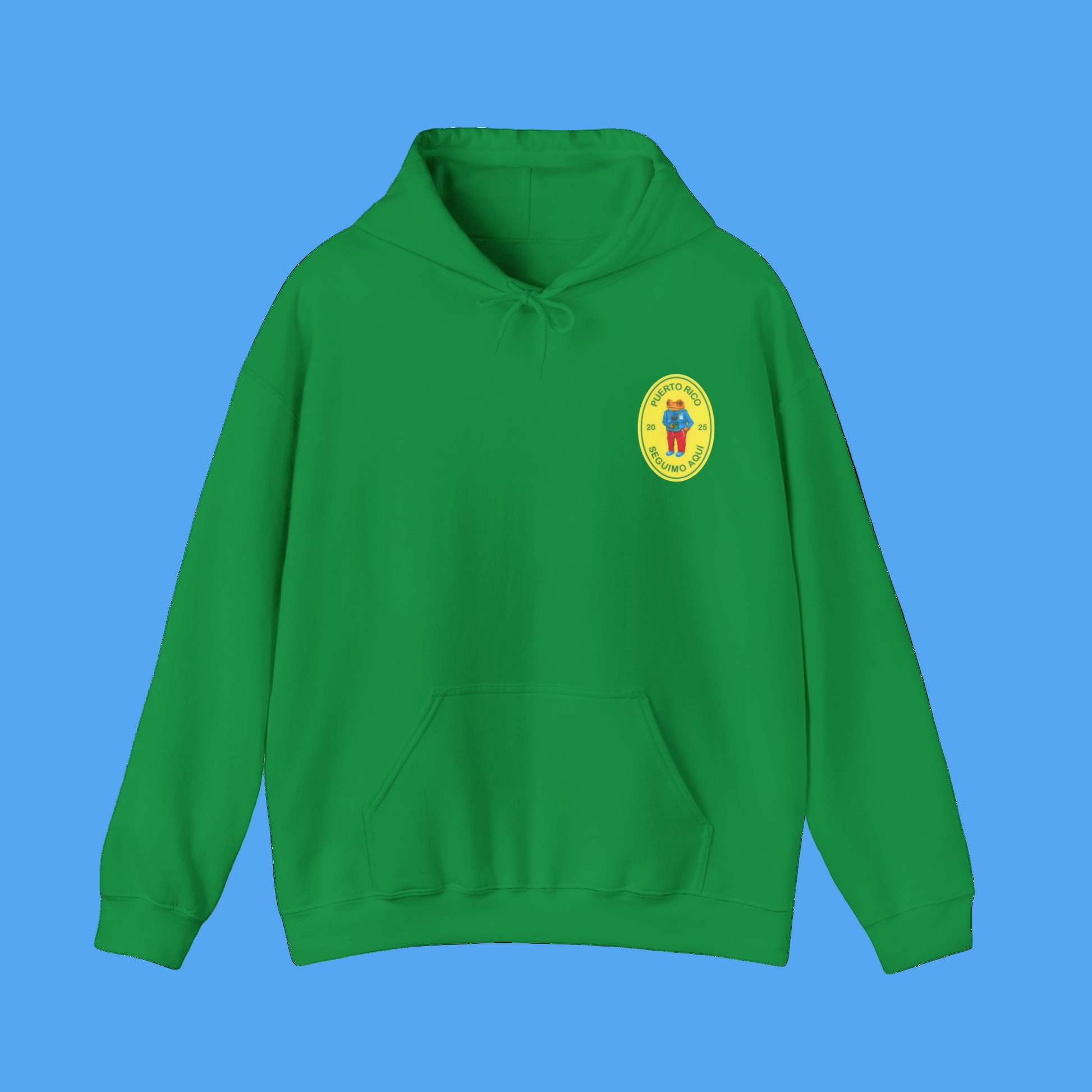 Green hoodie with a colorful logo on the chest against a white background