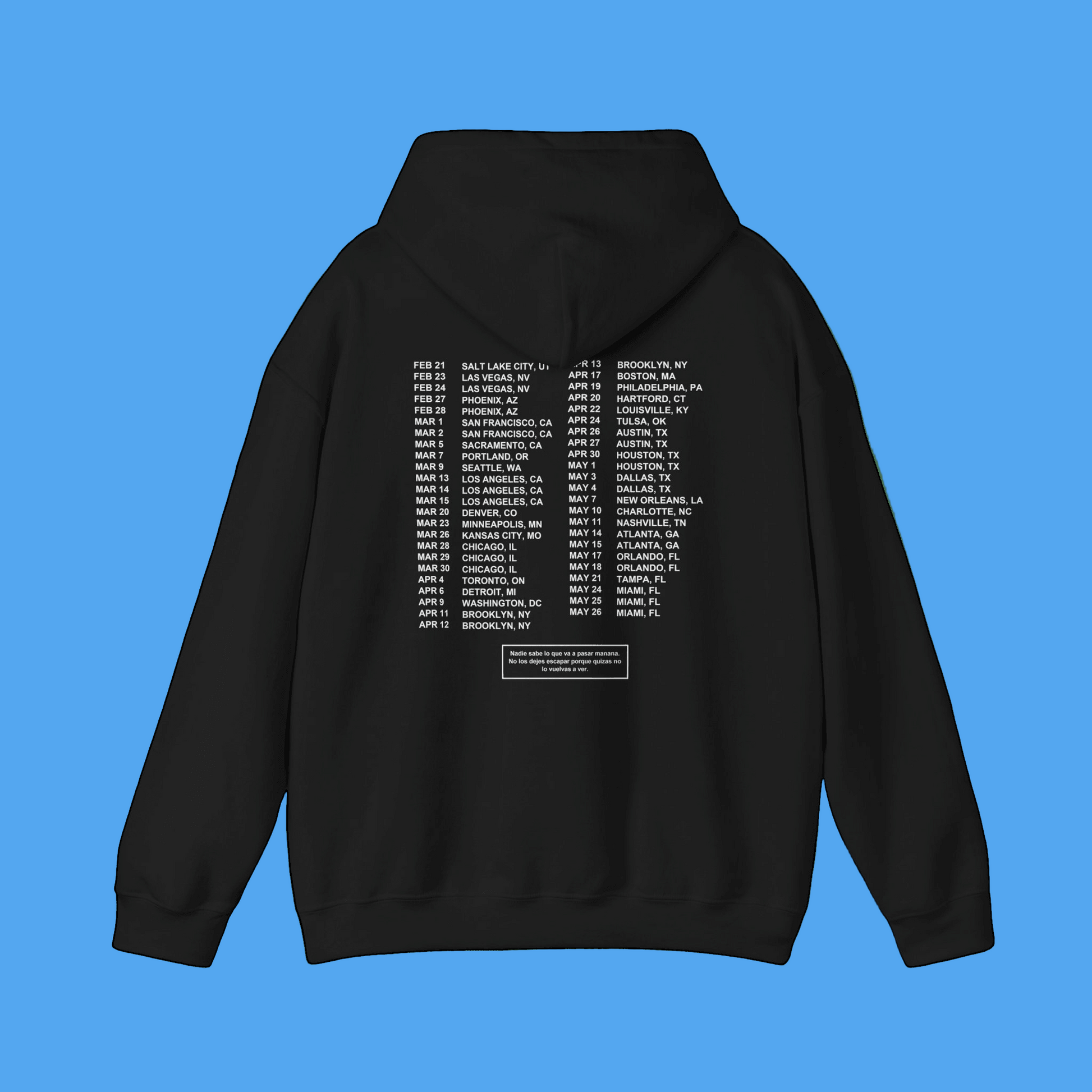 Black hoodie with text on the back against a transparent background