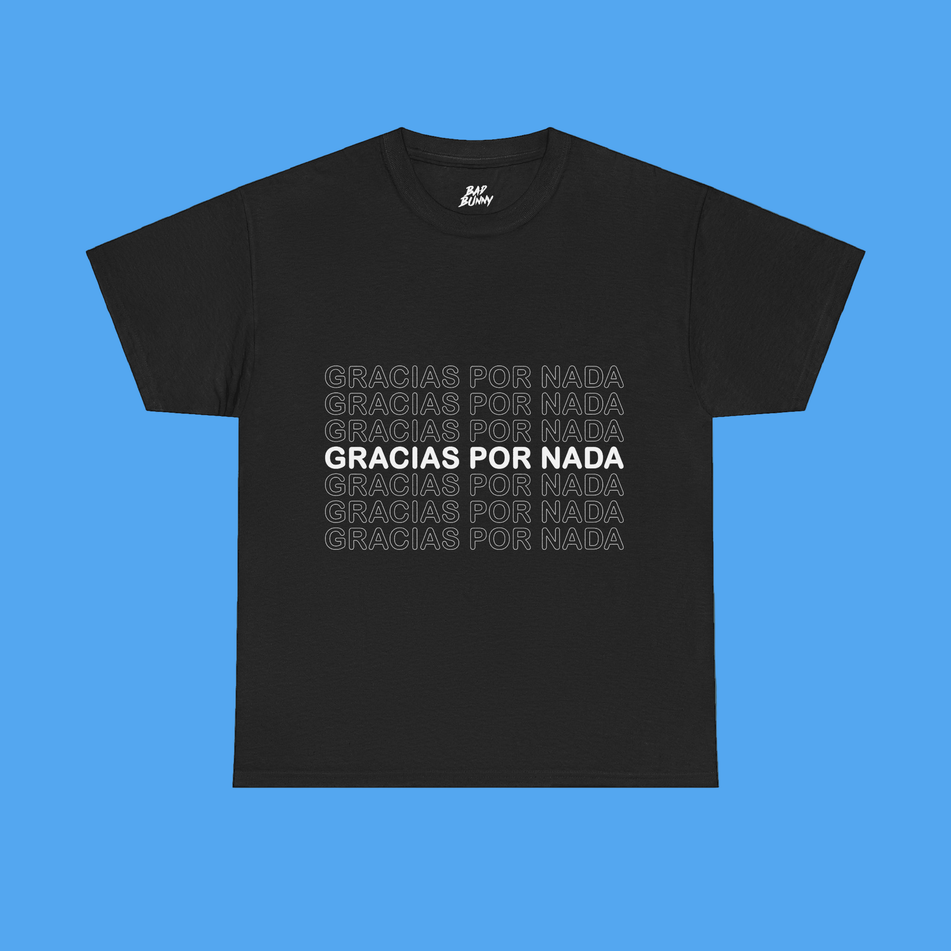 Black t-shirt with 'GRACIAS POR NADA' text on a solid background