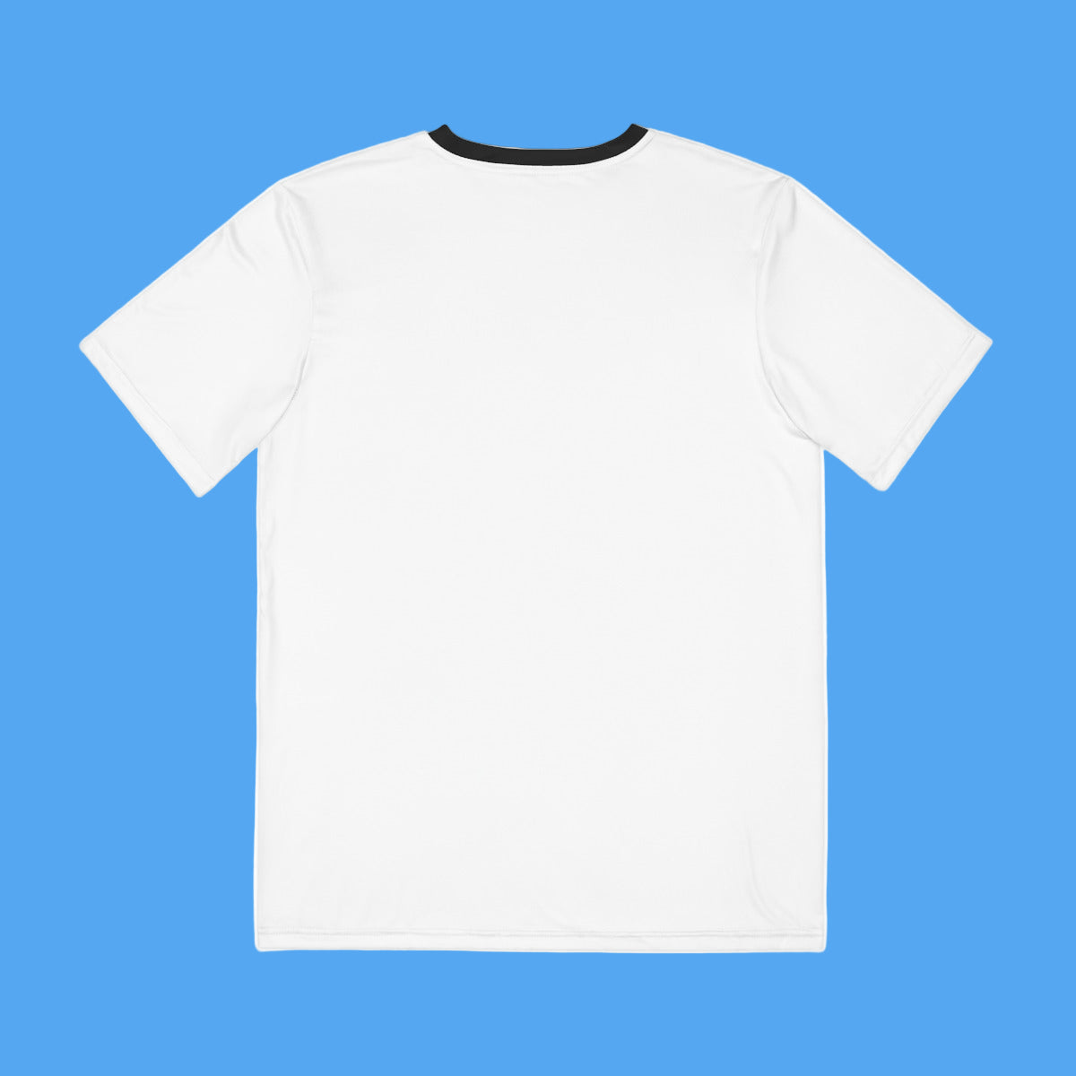 White t-shirt with black neckline on a white background