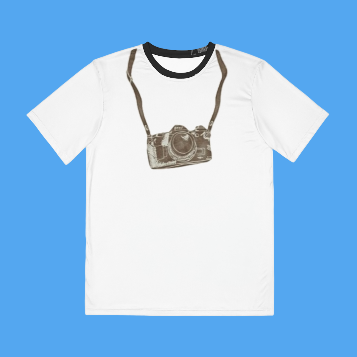 White t-shirt with a camera graphic on a white background