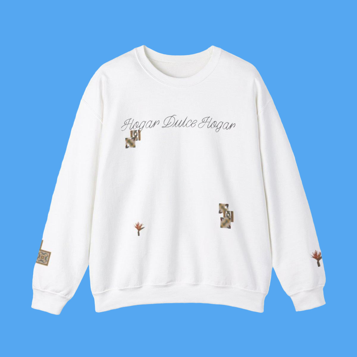 White sweatshirt with embroidered designs and text on a white background