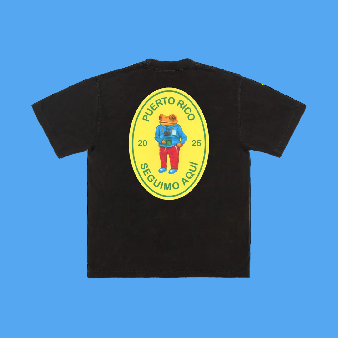 Black t-shirt with a colorful graphic on the back featuring text and a bear illustration.