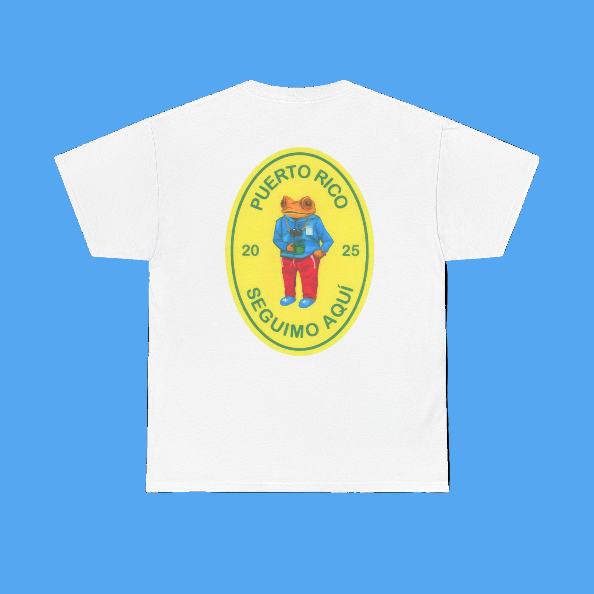 White t-shirt with a colorful graphic design on a white background