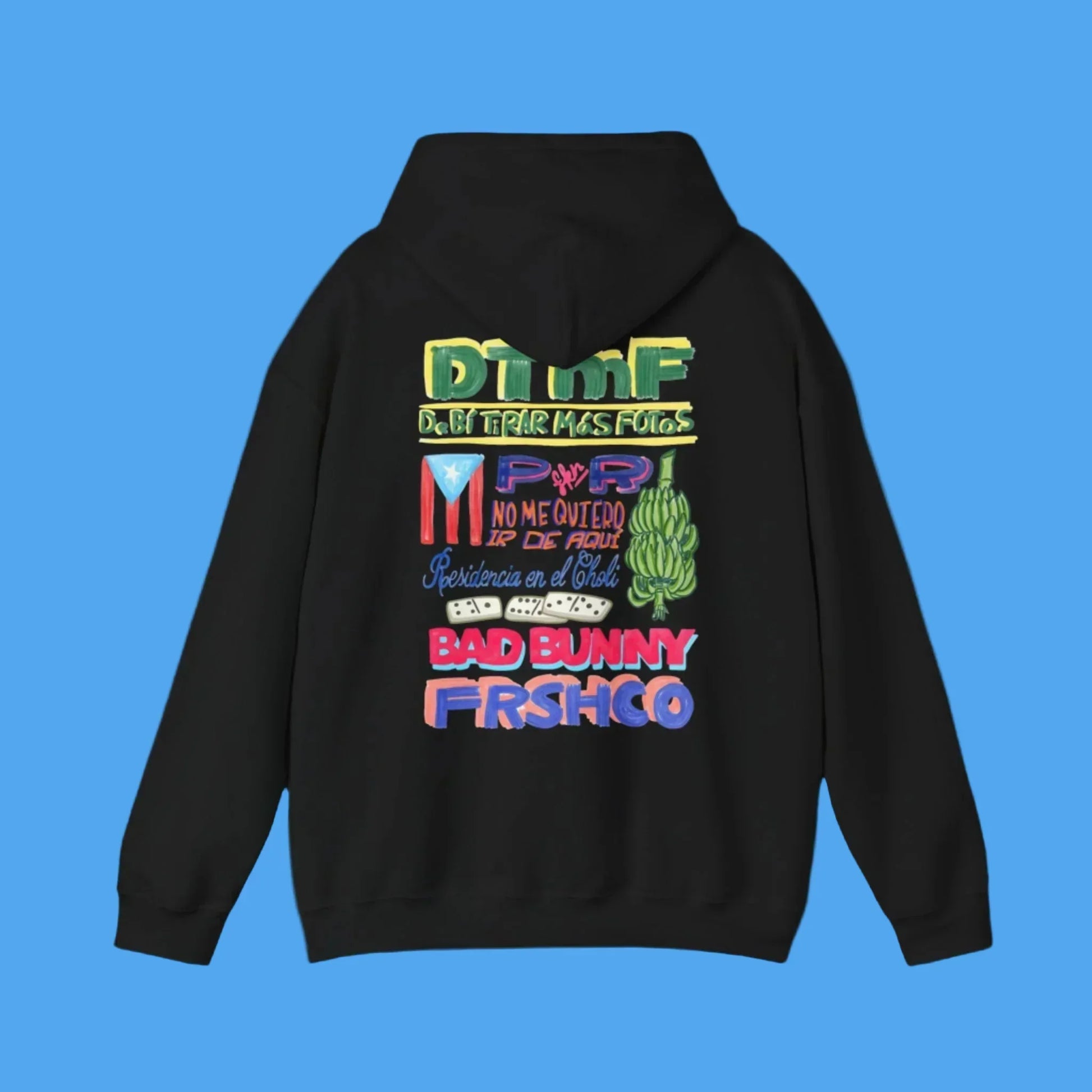 Black hoodie with colorful graphics and text on a blue background