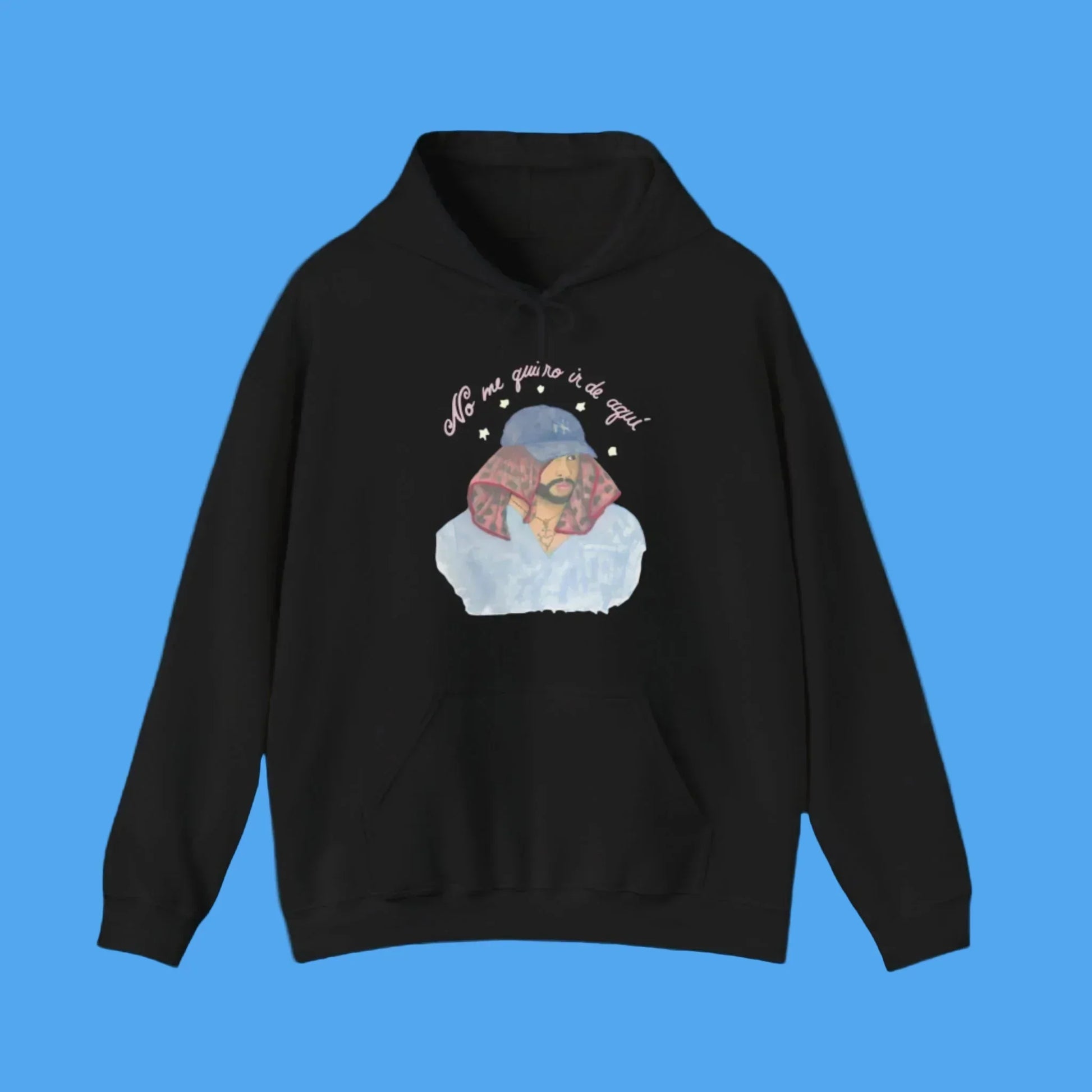 Black hoodie with a graphic design on a blue background