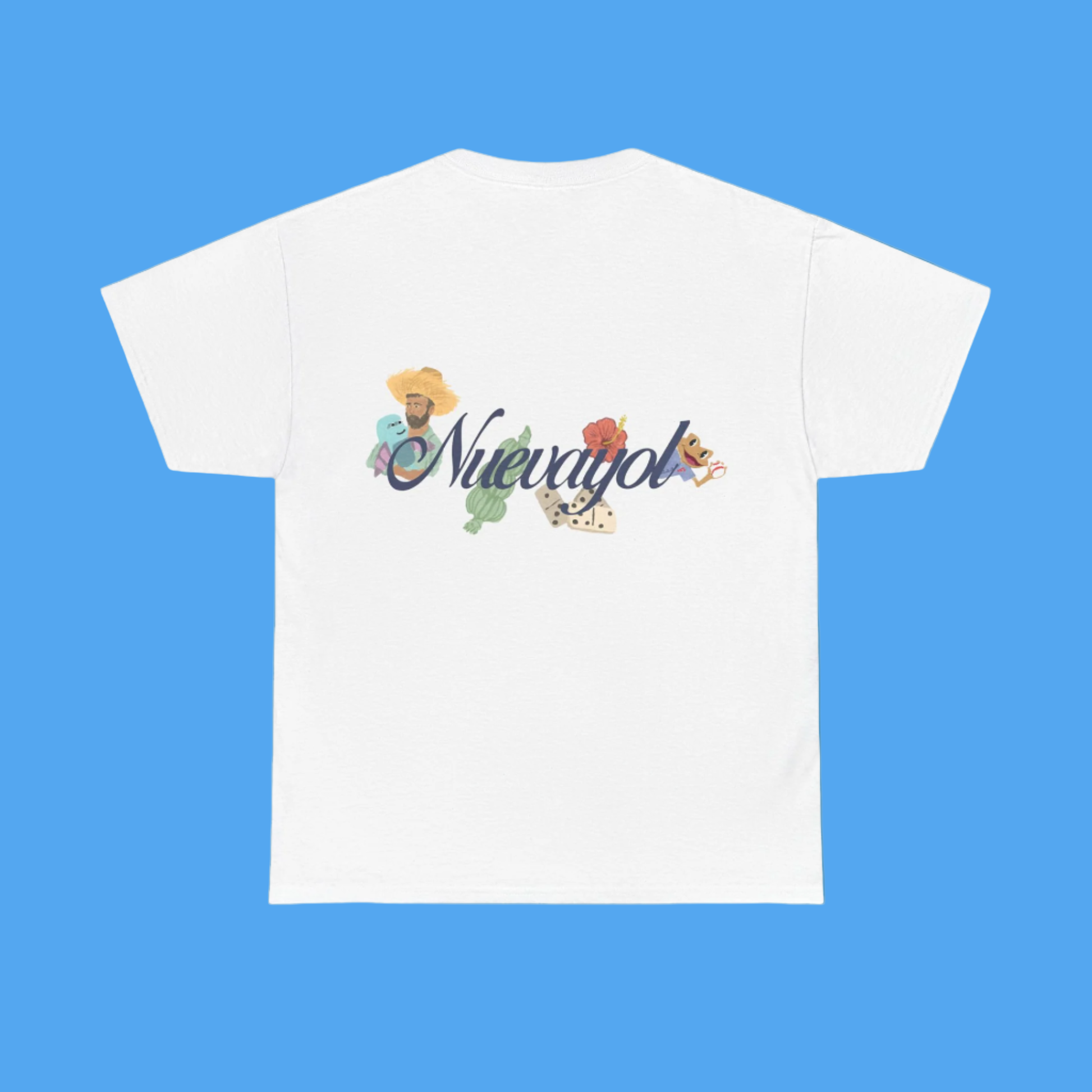 White t-shirt with colorful graphics and text on a blue background