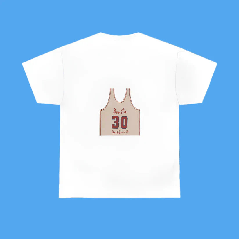 White t-shirt with a beige tank top graphic featuring text on a white background