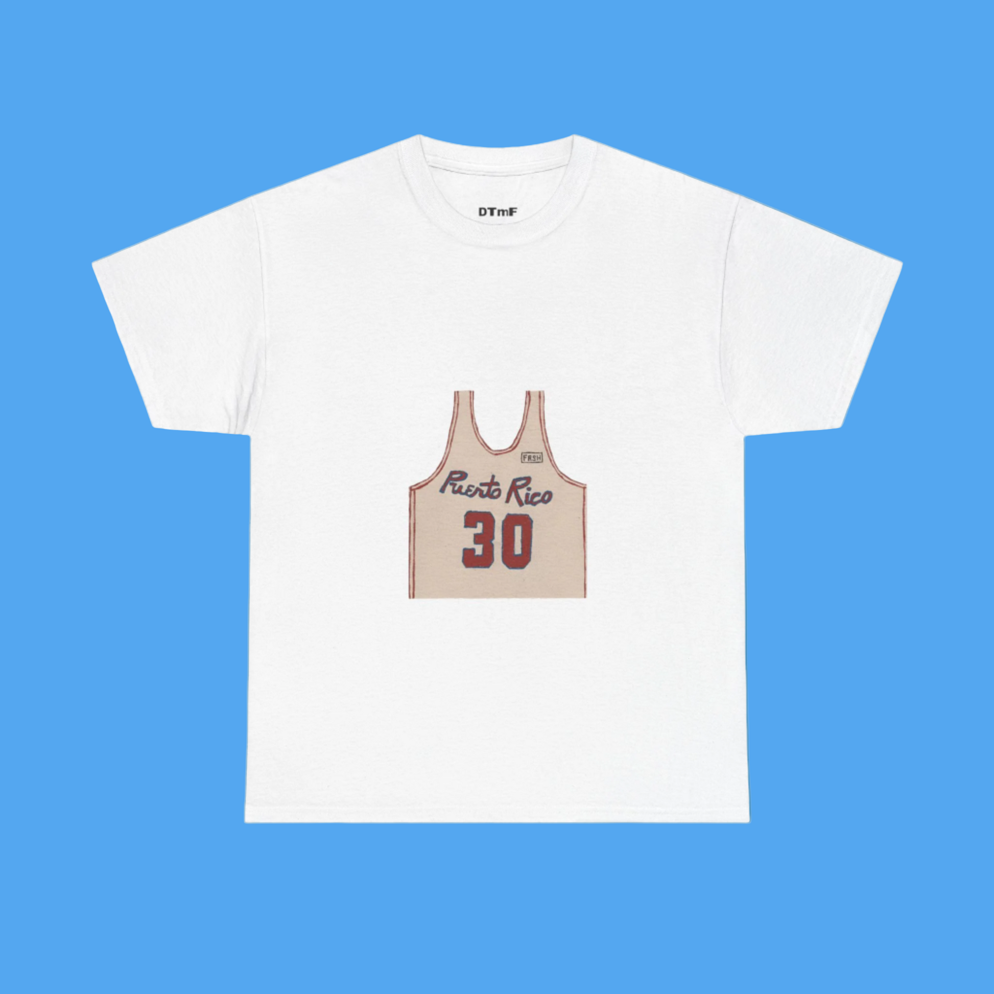 White t-shirt with a graphic of a beige tank top featuring the number 30 and text on a white background.