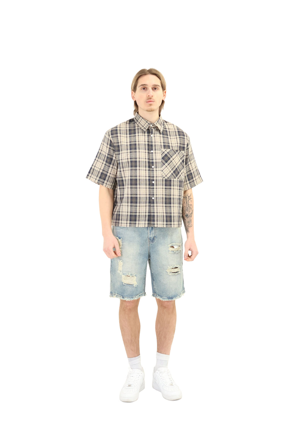 Short Sleeve Cropped Fit Checkered Shirt