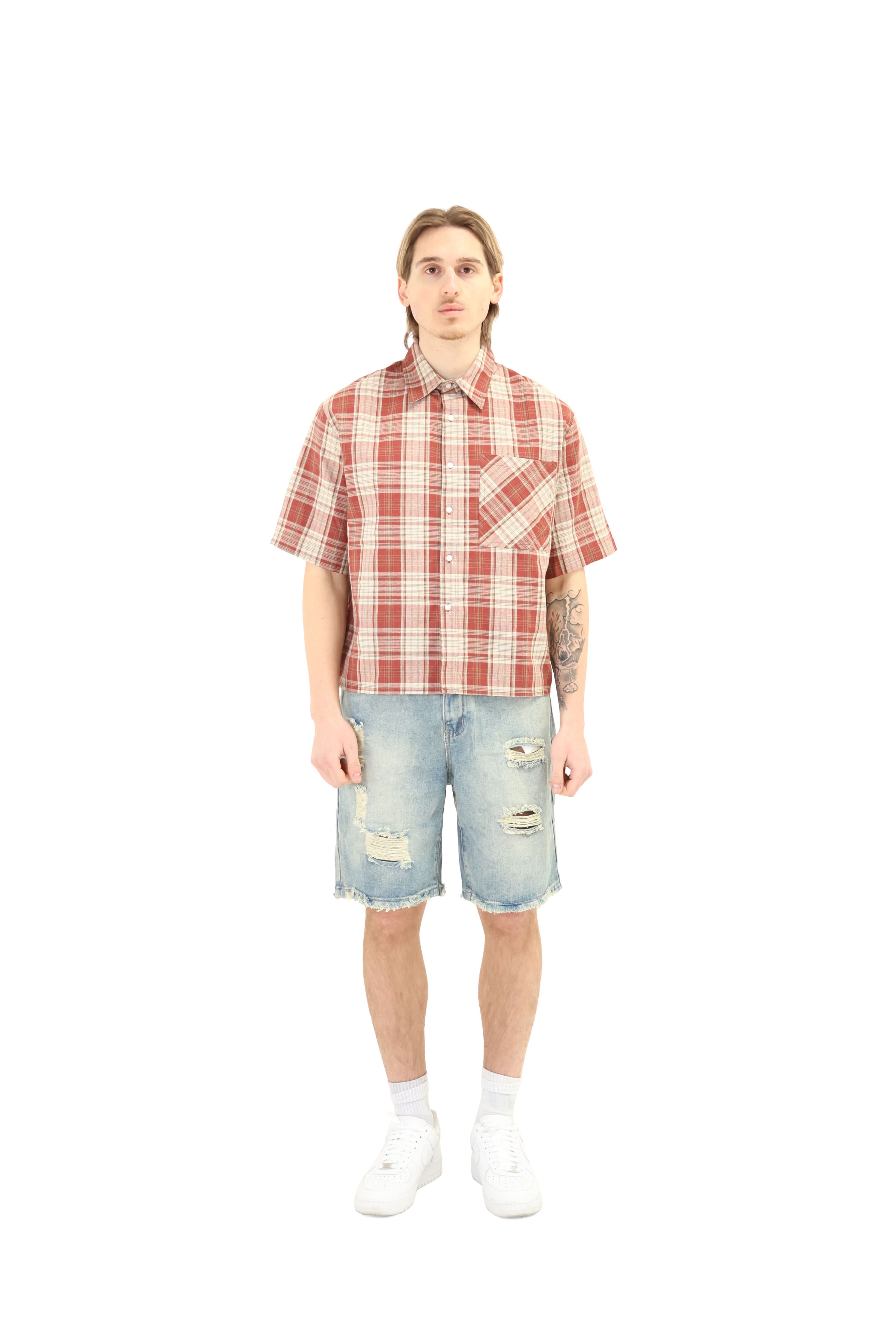 Short Sleeve Cropped Fit Checkered Shirt