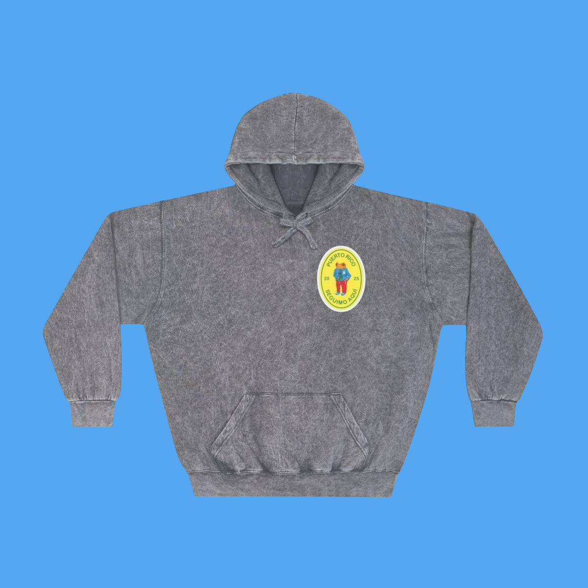 Gray hoodie with a colorful logo on a white background