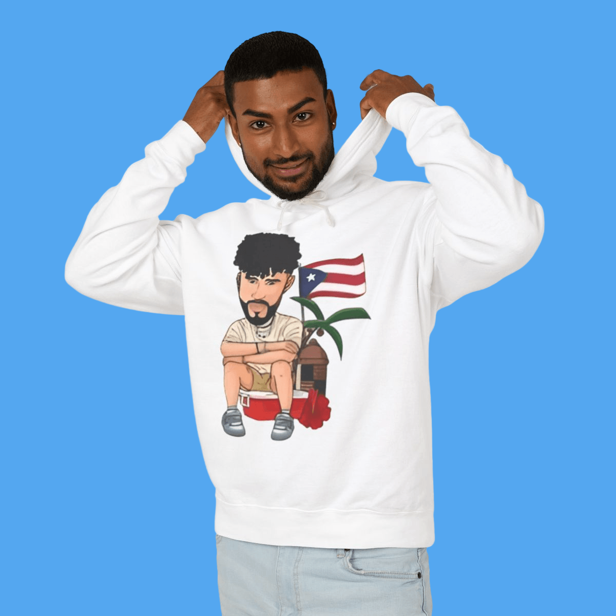 Person wearing a white hoodie with a graphic design on a white background