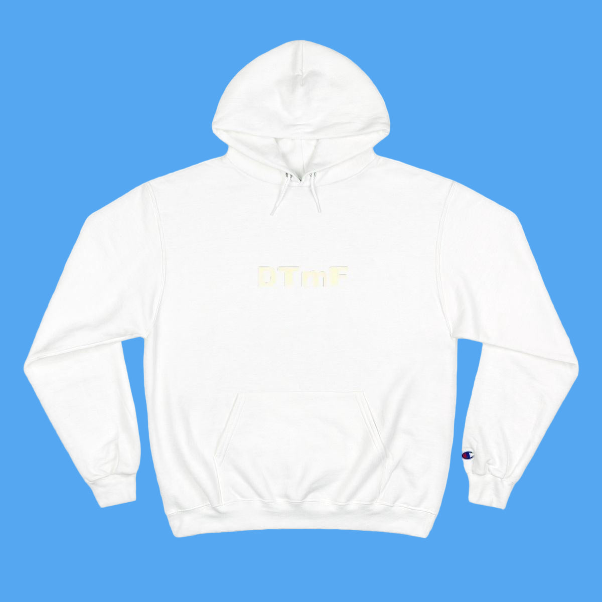 White hoodie with a small logo on the chest on a white background