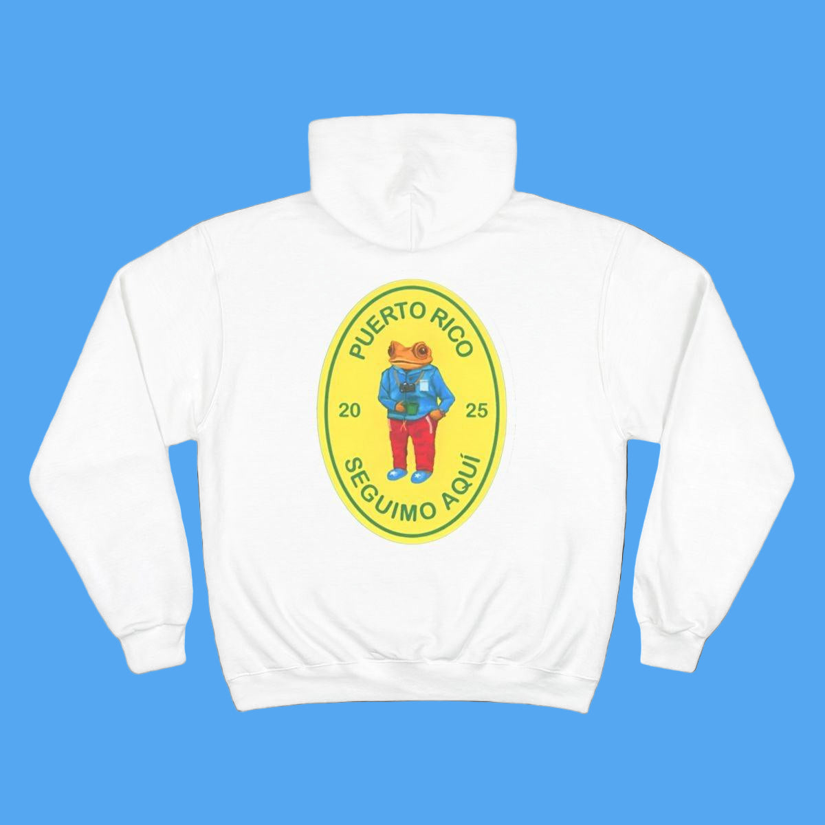 White hoodie with a colorful logo on a white background