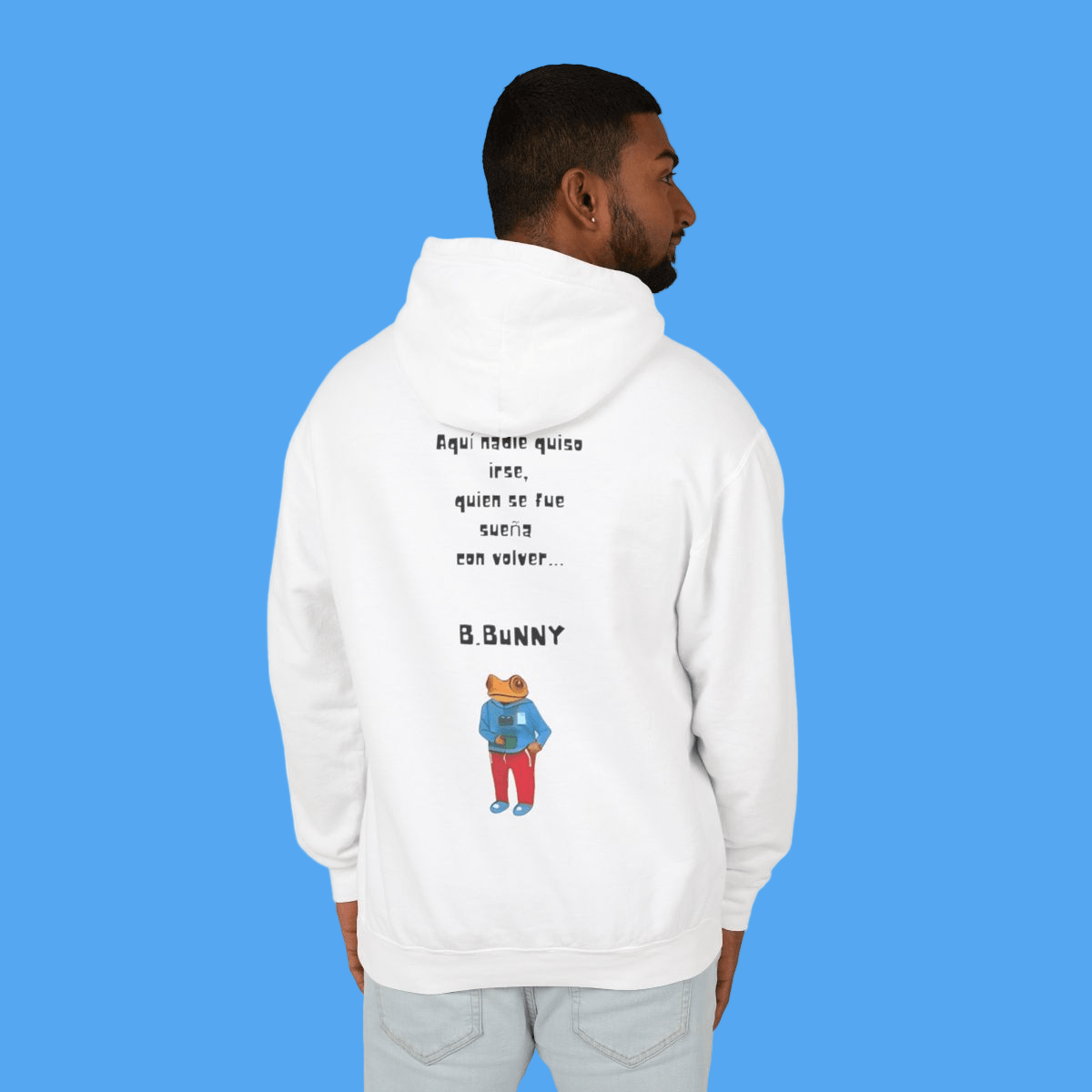 Person wearing a white hoodie with text and graphics on the back, on a white background