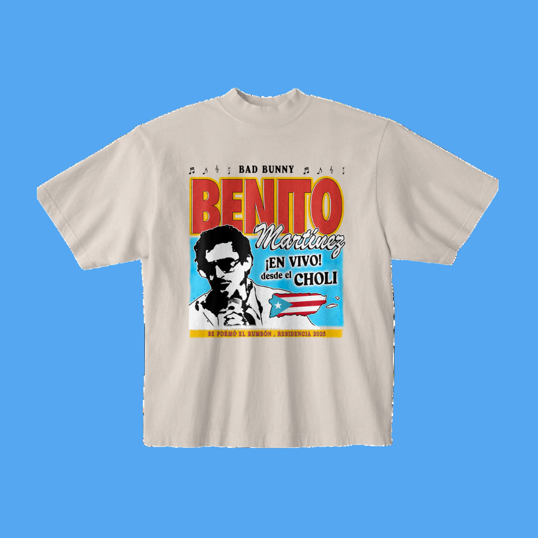 Beige t-shirt with graphic design featuring a person and text on a white background