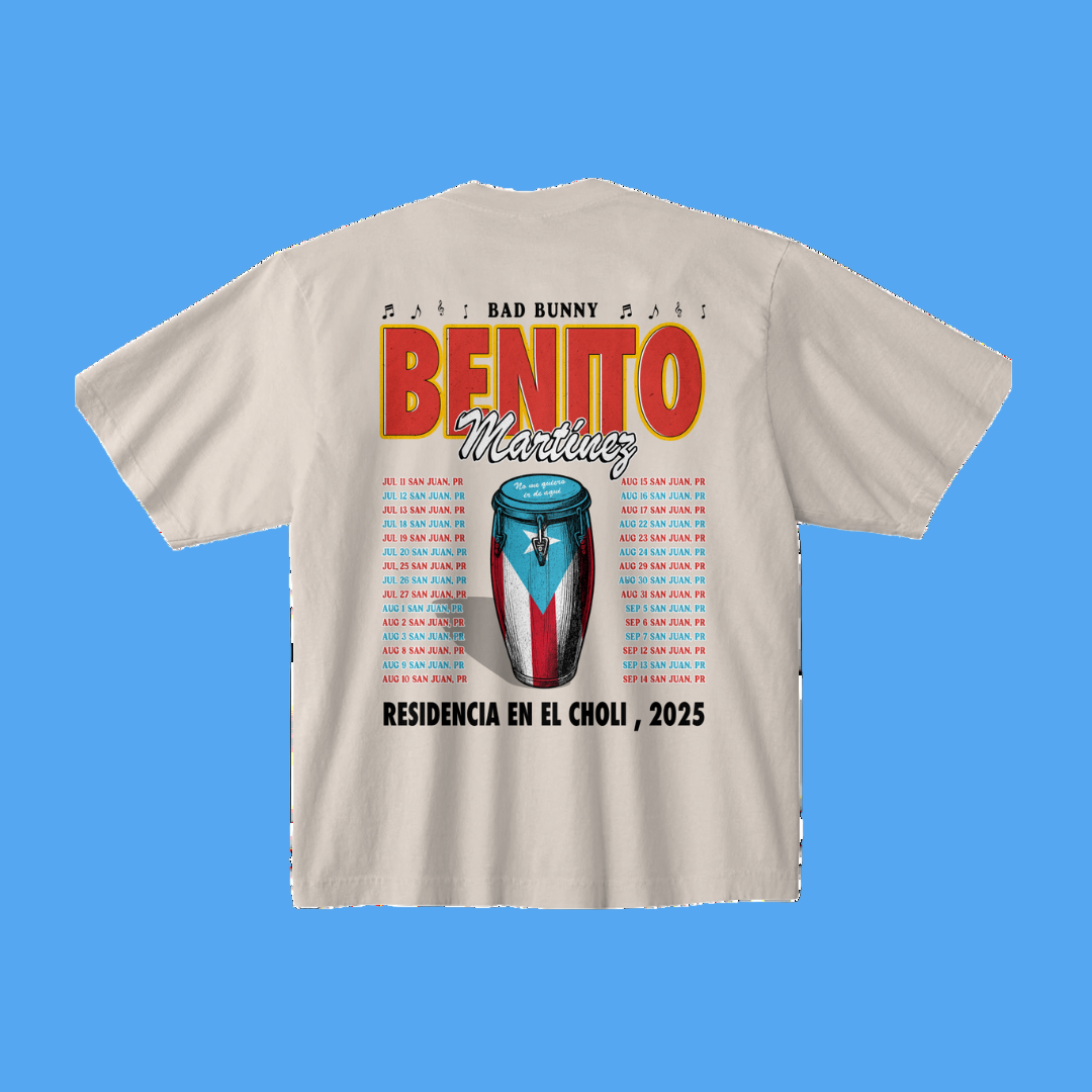 Beige t-shirt with colorful graphic design featuring text and a can on a white background