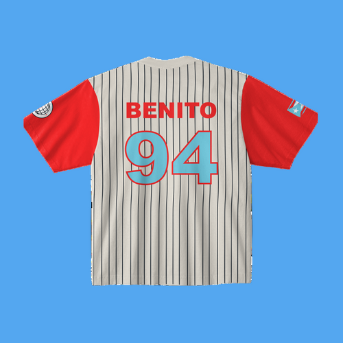 Baseball-style jersey with 'Benito 94' on a white background